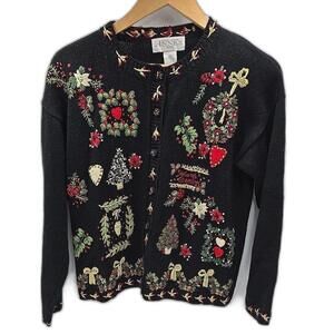 Casual Corner Ugly Christmas Embroidered Beaded Button Up Cardigan Sweater PS‎